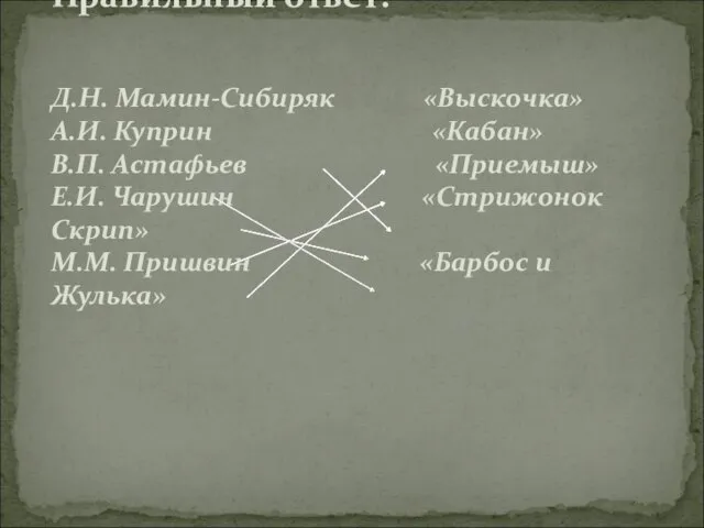 Правильный ответ: Д.Н. Мамин-Сибиряк «Выскочка» А.И. Куприн «Кабан» В.П. Астафьев «Приемыш» Е.И.