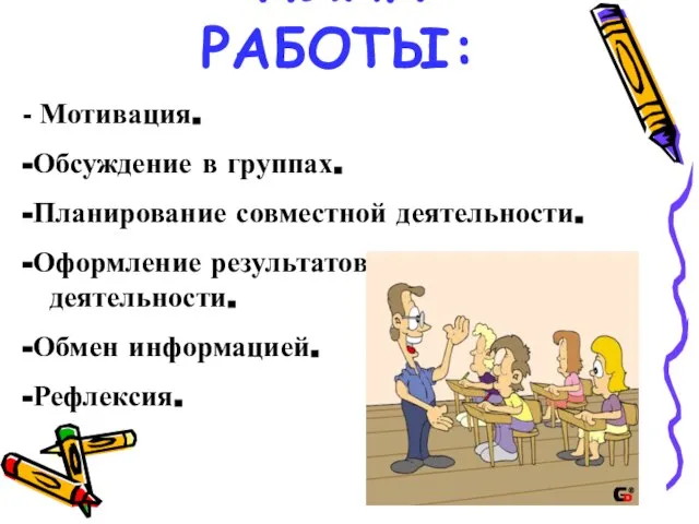 ПЛАН РАБОТЫ: - Мотивация. -Обсуждение в группах. -Планирование совместной деятельности. -Оформление результатов