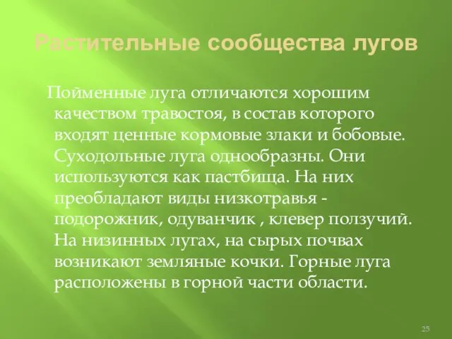 Растительные сообщества лугов Пойменные луга отличаются хорошим качеством травостоя, в состав которого