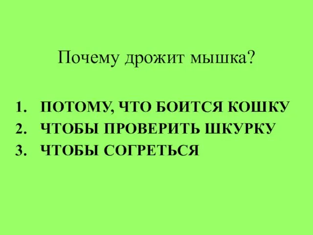 Почему дрожит мышка? ПОТОМУ, ЧТО БОИТСЯ КОШКУ ЧТОБЫ ПРОВЕРИТЬ ШКУРКУ ЧТОБЫ СОГРЕТЬСЯ