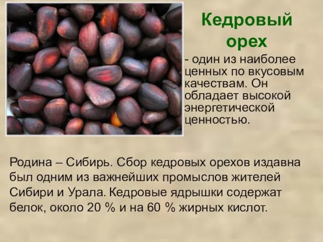 Кедровый орех - один из наиболее ценных по вкусовым качествам. Он обладает