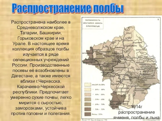 Распространение полбы 1914г распространение ячменя, полбы и льна Распространена наиболее в Средневолжском