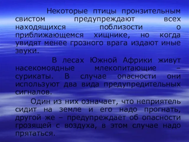 Некоторые птицы пронзительным свистом предупреждают всех находящихся поблизости о приближающемся хищнике, но