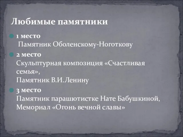 Любимые памятники 1 место Памятник Оболенскому-Ноготкову 2 место Скульптурная композиция «Счастливая семья»,