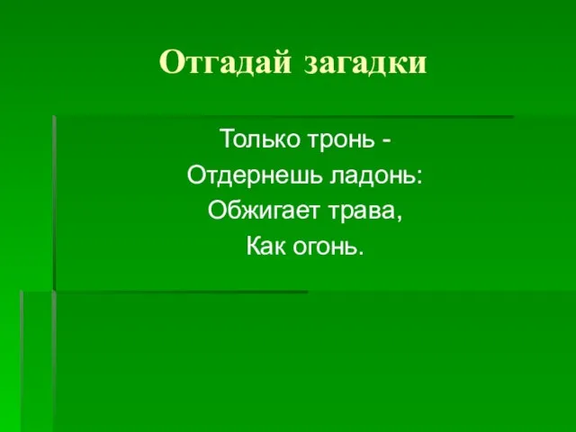 Отгадай загадки Только тронь - Отдернешь ладонь: Обжигает трава, Как огонь.