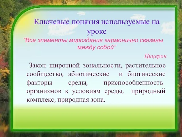 Ключевые понятия используемые на уроке “Все элементы мироздания гармонично связаны между собой”