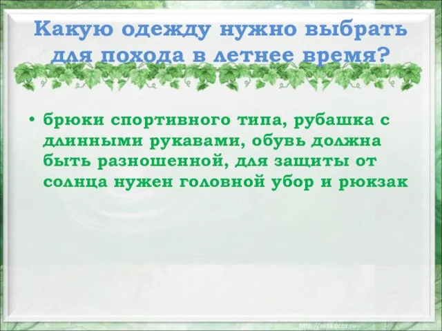 Какую одежду нужно выбрать для похода в летнее время? брюки спортивного типа,