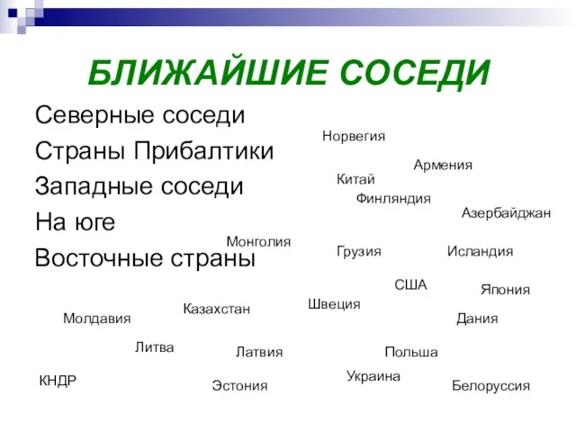 БЛИЖАЙШИЕ СОСЕДИ Северные соседи Страны Прибалтики Западные соседи На юге Восточные страны