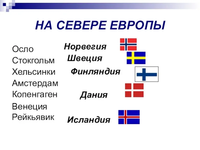 НА СЕВЕРЕ ЕВРОПЫ Осло Стокгольм Хельсинки Копенгаген Рейкьявик Амстердам Венеция Норвегия Швеция Финляндия Дания Исландия