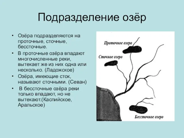 Подразделение озёр Озёра подразделяются на проточные, сточные, бессточные. В проточные озёра впадают