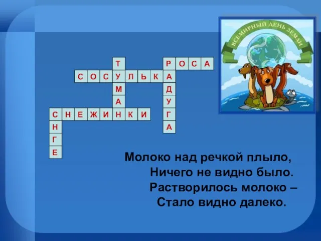 Молоко над речкой плыло, Ничего не видно было. Растворилось молоко – Стало