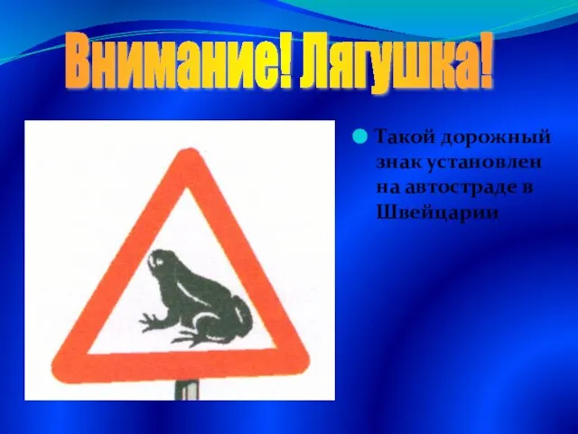 Такой дорожный знак установлен на автостраде в Швейцарии Внимание! Лягушка!