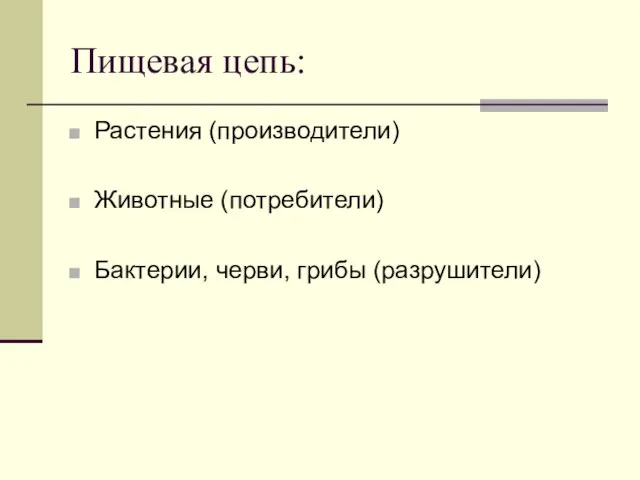 Пищевая цепь: Растения (производители) Животные (потребители) Бактерии, черви, грибы (разрушители)