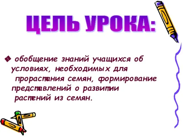 обобщение знаний учащихся об условиях, необходимых для прорастания семян, формирование представлений о