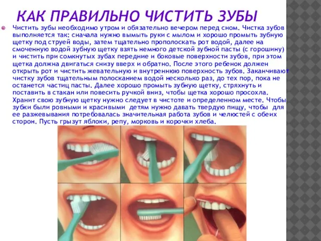 КАК ПРАВИЛЬНО ЧИСТИТЬ ЗУБЫ Чистить зубы необходимо утром и обязательно вечером перед