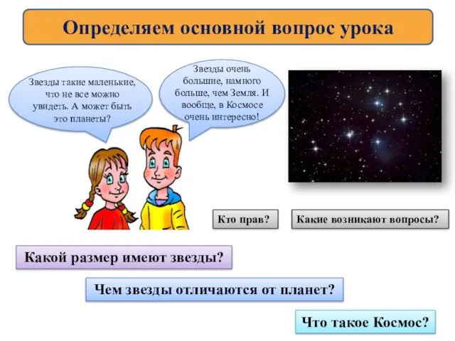 Определяем основной вопрос урока Звезды такие маленькие, что не все можно увидеть.