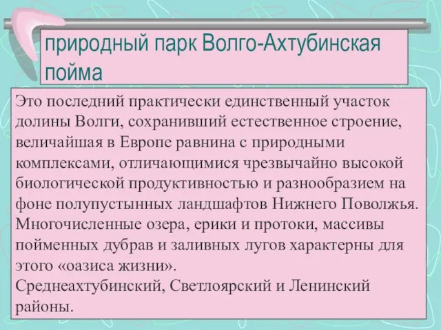 природный парк Волго-Ахтубинская пойма Это последний практически единственный участок долины Волги, сохранивший