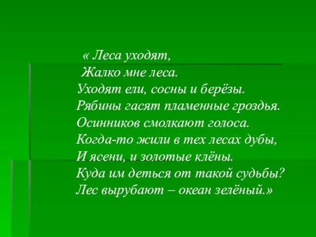 « Леса уходят, Жалко мне леса. Уходят ели, сосны и берёзы. Рябины