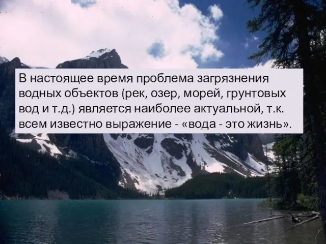 В настоящее время проблема загрязнения водных объектов (рек, озер, морей, грунтовых вод