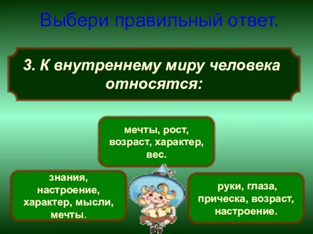 К внутреннему миру человека относятся: Выбери правильный ответ. знания, настроение, характер, мысли,