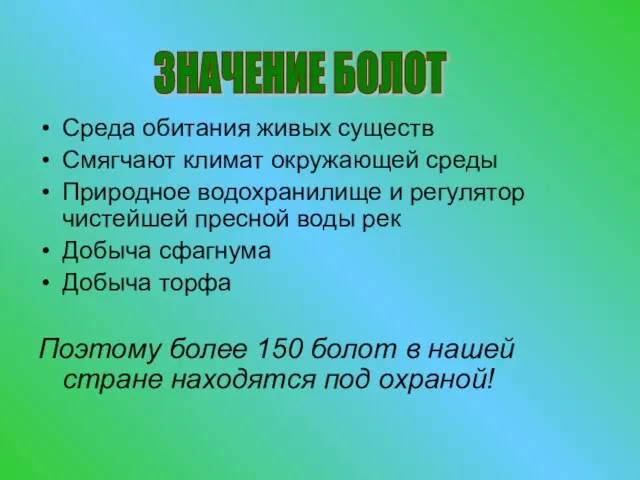 Среда обитания живых существ Смягчают климат окружающей среды Природное водохранилище и регулятор