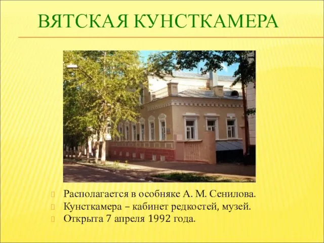 ВЯТСКАЯ КУНСТКАМЕРА Располагается в особняке А. М. Сенилова. Кунсткамера – кабинет редкостей,