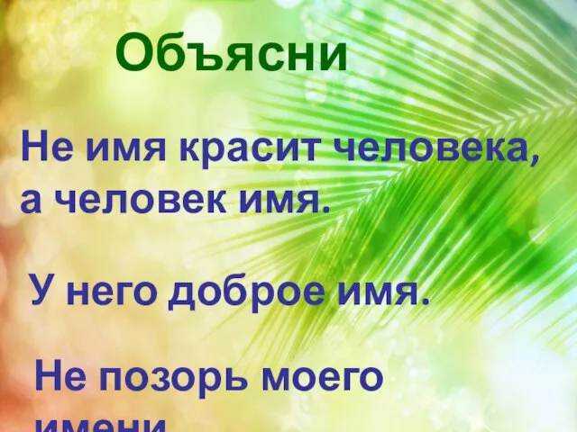 Объясни Не имя красит человека, а человек имя. У него доброе имя. Не позорь моего имени.