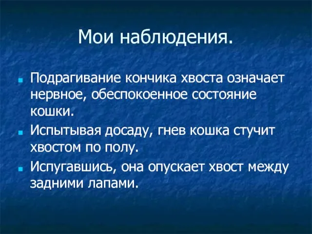 Мои наблюдения. Подрагивание кончика хвоста означает нервное, обеспокоенное состояние кошки. Испытывая досаду,