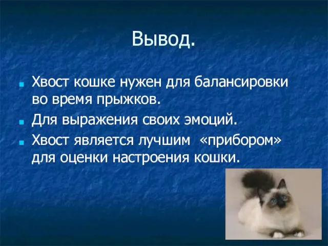 Вывод. Хвост кошке нужен для балансировки во время прыжков. Для выражения своих