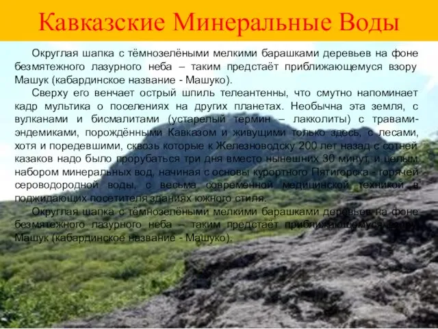 Кавказские Минеральные Воды Округлая шапка с тёмнозелёными мелкими барашками деревьев на фоне