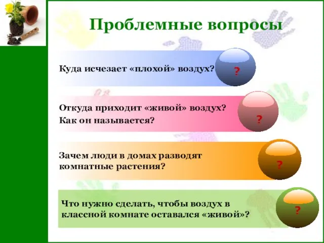 Проблемные вопросы Откуда приходит «живой» воздух? Как он называется? Куда исчезает «плохой»