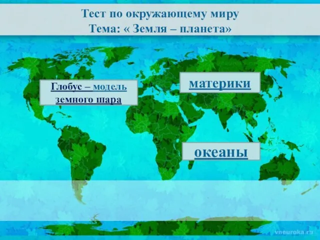 Тест по окружающему миру Тема: « Земля – планета» материки океаны Глобус – модель земного шара