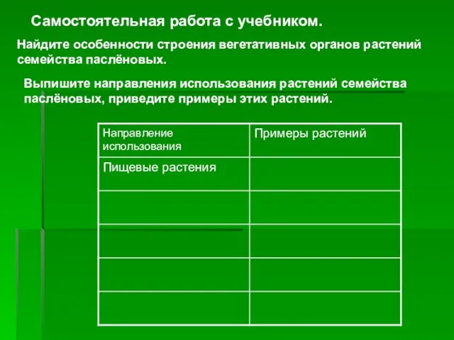 Самостоятельная работа с учебником. Найдите особенности строения вегетативных органов растений семейства паслёновых.