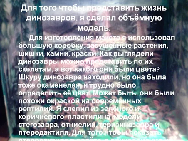 Для того чтобы представить жизнь динозавров, я сделал объёмную модель. Для изготовления