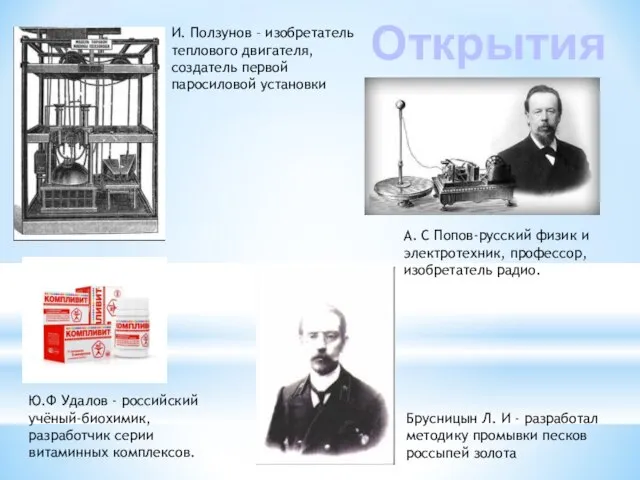 Брусницын Л. И - разработал методику промывки песков россыпей золота А. С