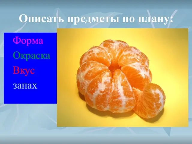 Описать предметы по плану: Форма Окраска Вкус запах