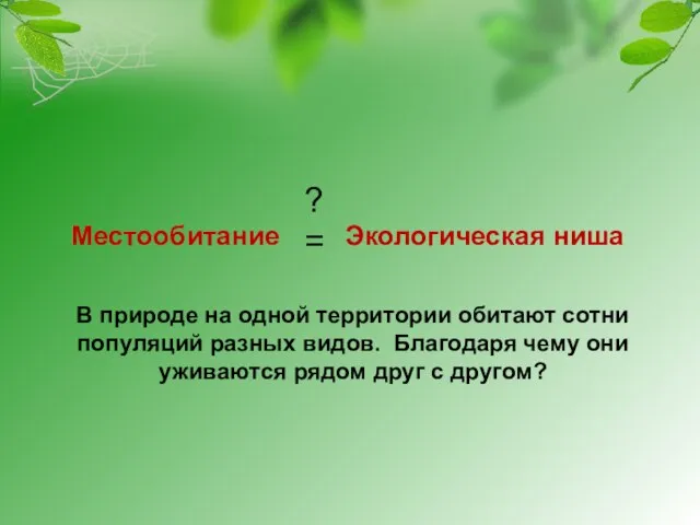 Местообитание Экологическая ниша = ? В природе на одной территории обитают сотни