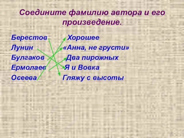 Соедините фамилию автора и его произведение. Берестов Хорошее Лунин «Анна, не грусти»