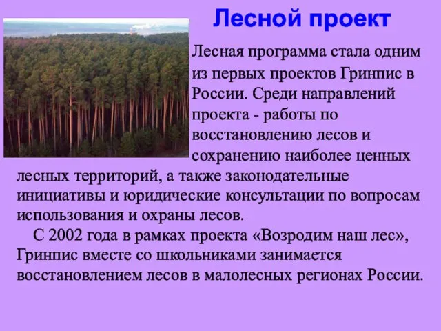 Лесной проект лесных территорий, а также законодательные инициативы и юридические консультации по