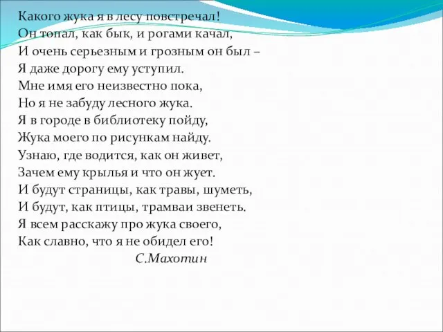 Какого жука я в лесу повстречал! Он топал, как бык, и рогами