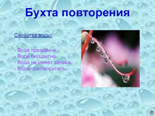 Бухта повторения Свойства воды: - Вода прозрачна. - Вода бесцветна. - Вода