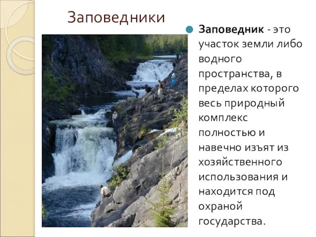 Заповедники Заповедник - это участок земли либо водного пространства, в пределах которого