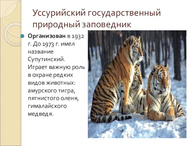 Уссурийский государственный природный заповедник Организован в 1932 г. До 1973 г. имел