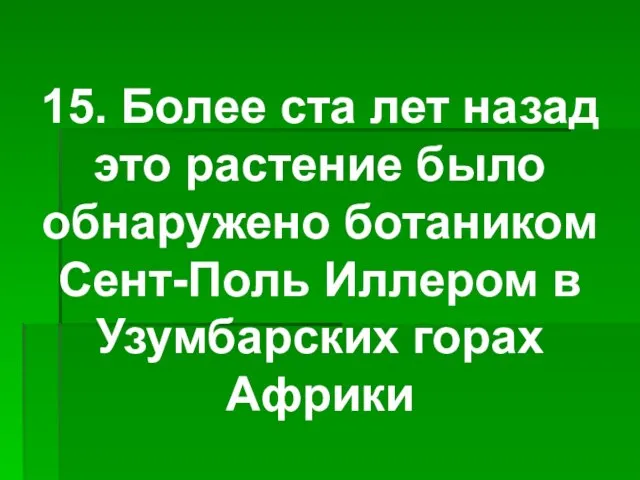 15. Более ста лет назад это растение было обнаружено ботаником Сент-Поль Иллером в Узумбарских горах Африки