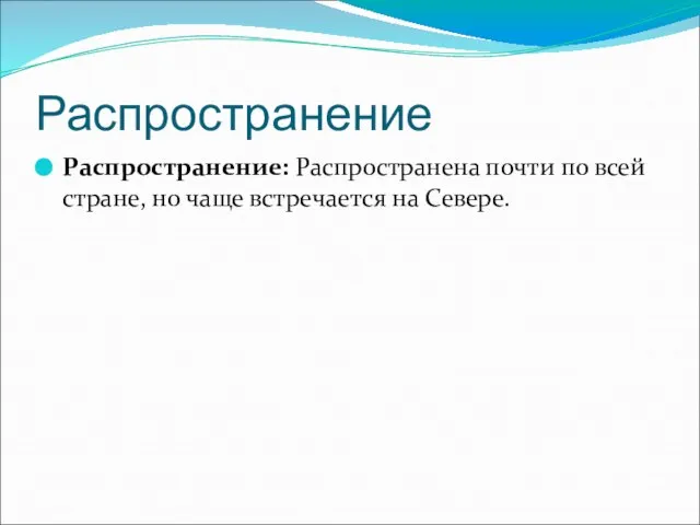 Распространение Распространение: Распространена почти по всей стране, но чаще встречается на Севере.