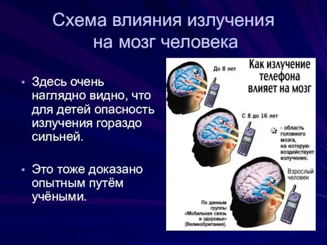 Схема влияния излучения на мозг человека Здесь очень наглядно видно, что для