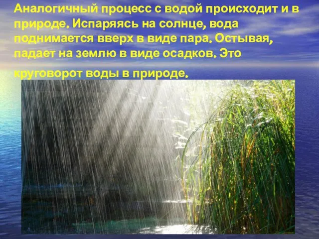 Аналогичный процесс с водой происходит и в природе. Испаряясь на солнце, вода