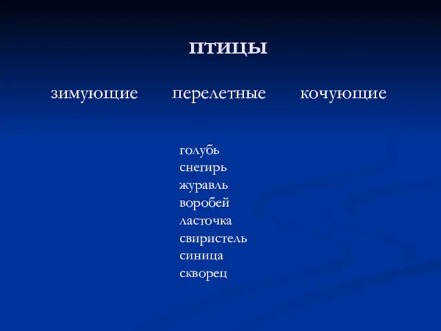 птицы зимующие перелетные кочующие голубь снегирь журавль воробей ласточка свиристель синица скворец