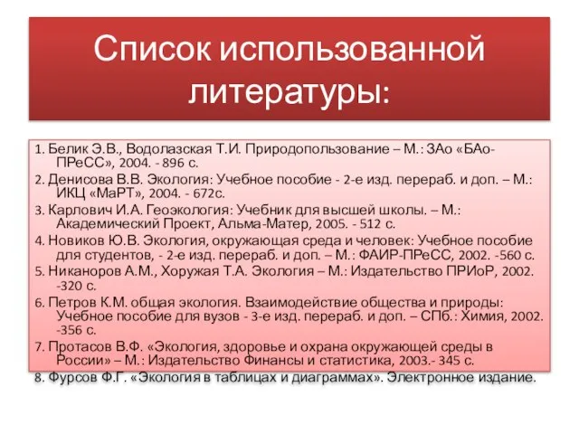 Список использованной литературы: 1. Белик Э.В., Водолазская Т.И. Природопользование – М.: ЗАо