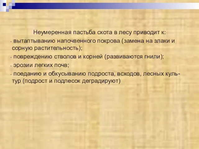 Неумеренная пастьба скота в лесу приводит к: вытаптыванию напочвенного покрова (замена на